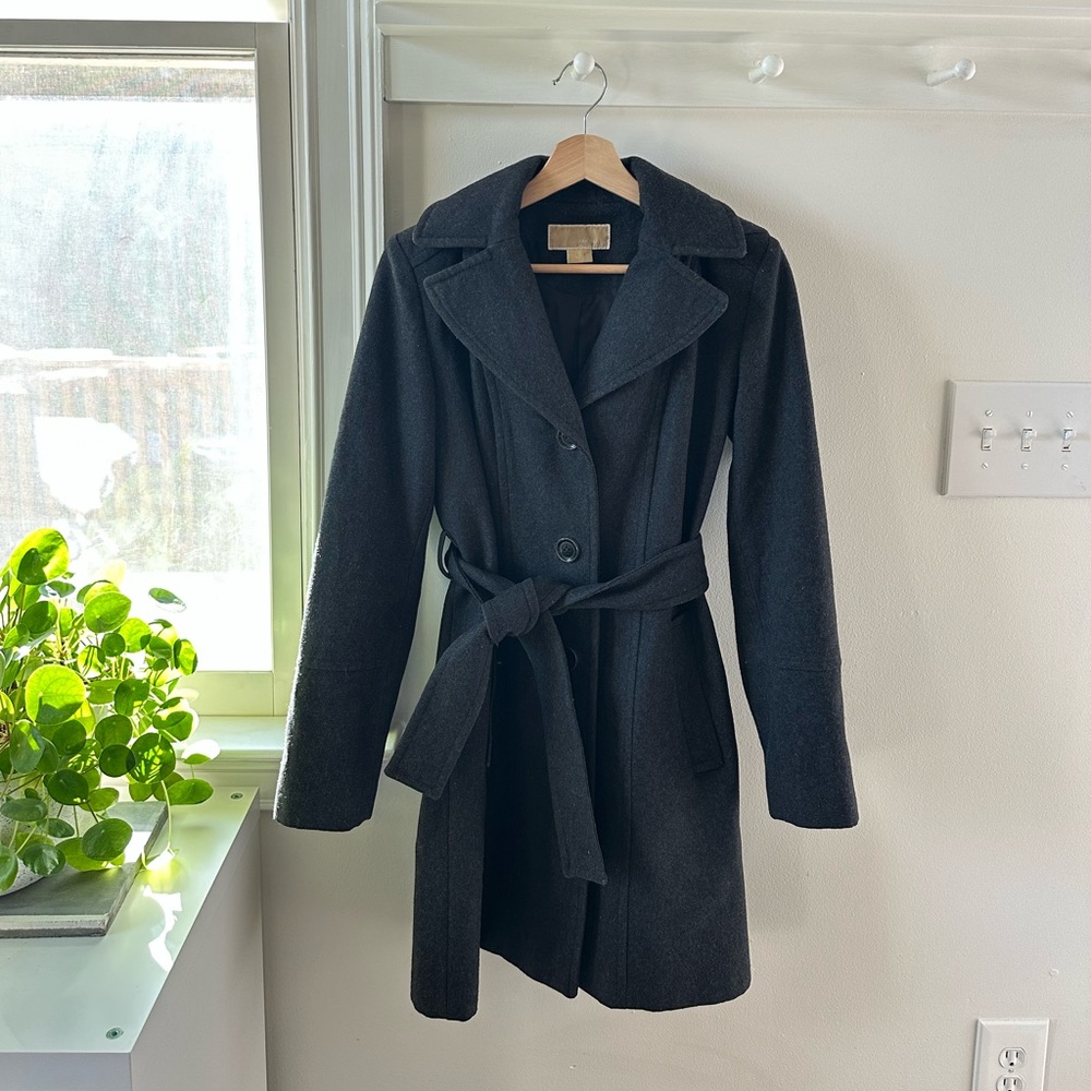 Michael Kors Black Pea Coat with Notched Lapel and Belt